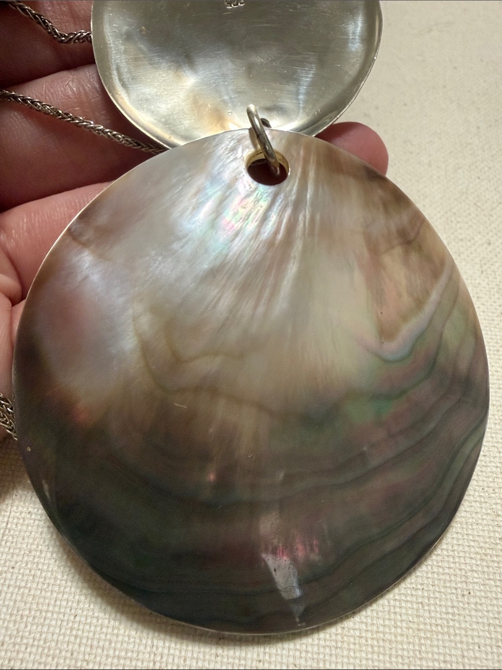 Sterling silver 925 Iridescent Mother-of-Pearl Double Disc Pendant Necklace - Picture 4 of 10